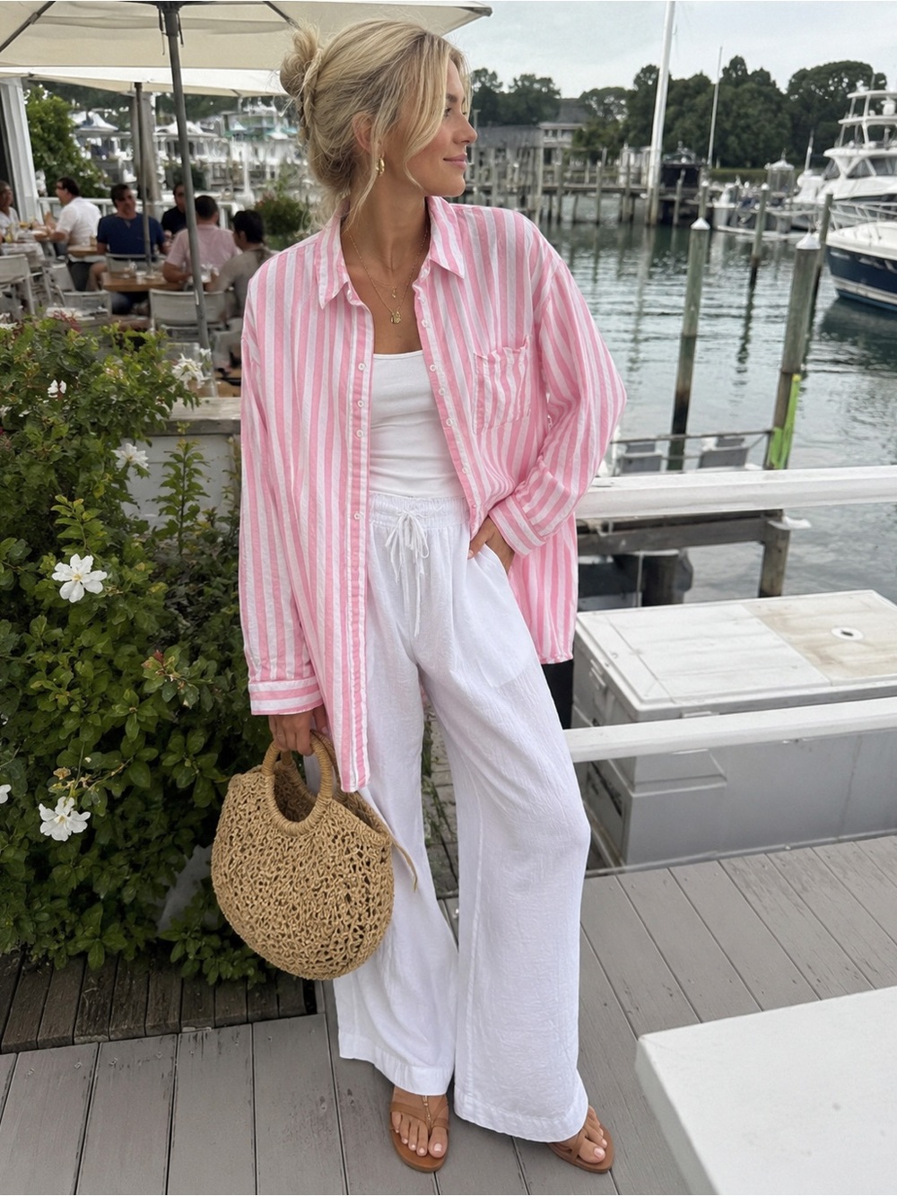 Old Navy Pink and White Striped Button-Down Shirt Linen Blend